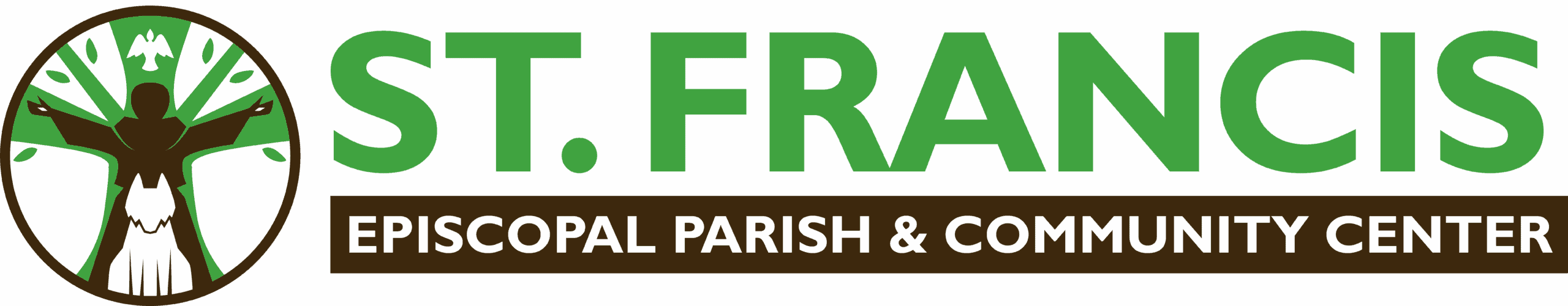 Logo for St. Francis Episcopal Parish & Community Center, featuring a stylized person with outstretched arms and a dove above. Green and brown color scheme.
