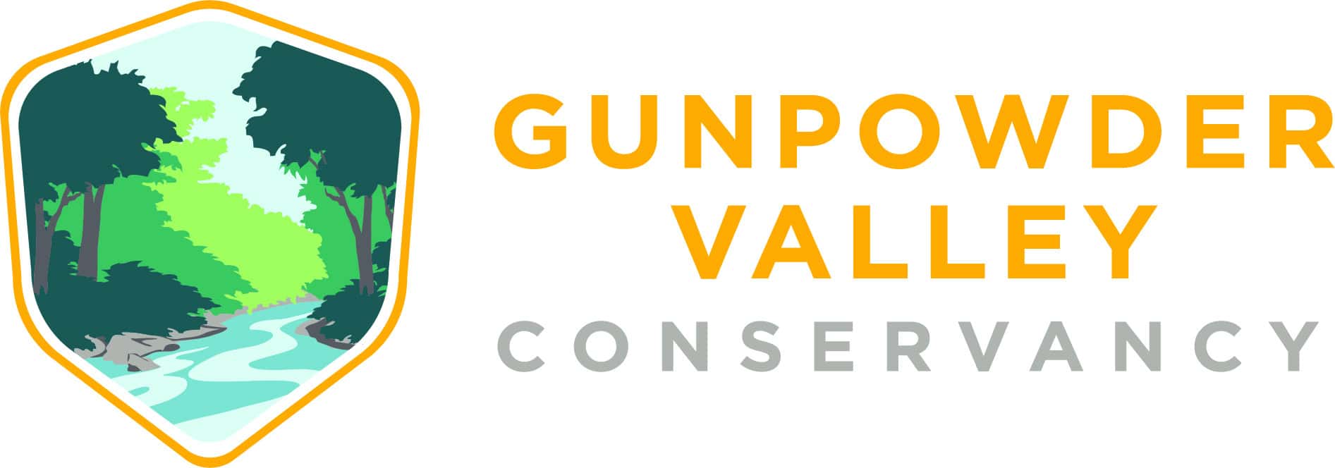 Logo for Gunpowder Valley Conservancy featuring a stylized river flowing through a forest under a yellow-bordered shield. Conservation theme emphasized.