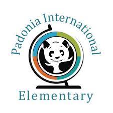 Panda logo for Padonia International Elementary, featuring a globe with colorful segments. Text encircles the design on a white background.