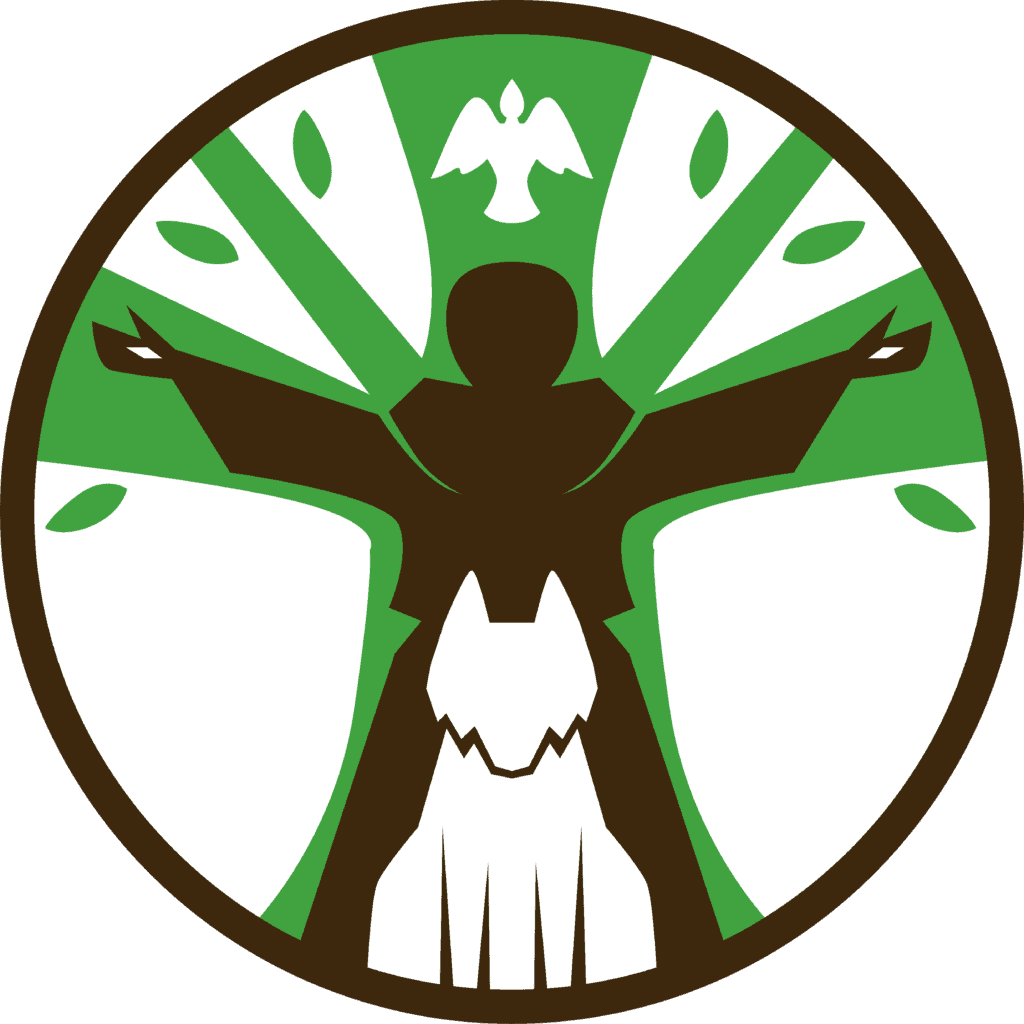 Abstract emblem depicting a person with outstretched arms surrounded by green tree elements and a white bird above within a circular design.