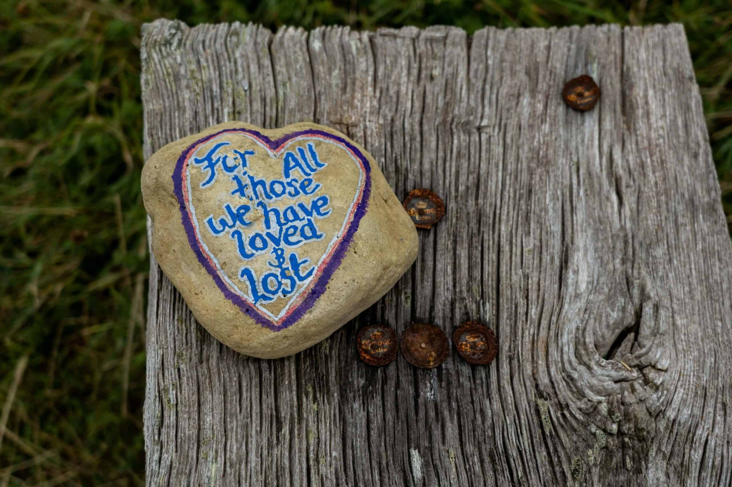 A heart-shaped rock with painted tribute message rests on weathered wood, alongside small brown objects, in a grassy outdoor setting.