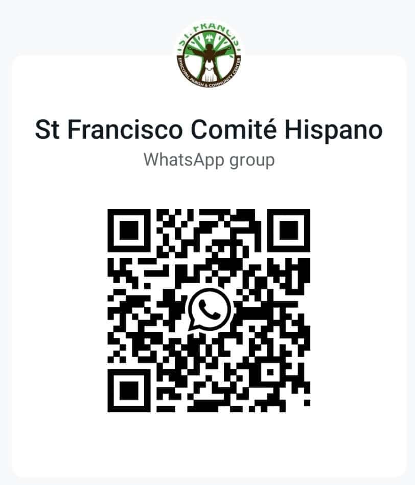 Logo and text for "St Francisco Comité Hispano" WhatsApp group above a QR code. No landmarks or historical buildings present.
