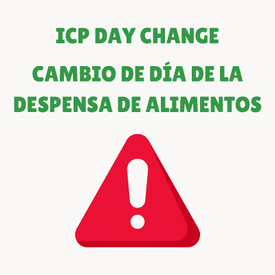 Text informing about a change in food pantry day, displayed in both English and Spanish, with a red warning triangle icon featuring an exclamation mark.