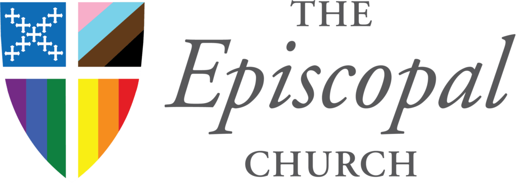 Logo of The Episcopal Church featuring a colorful shield with inclusive pride colors, and text in elegant typography.