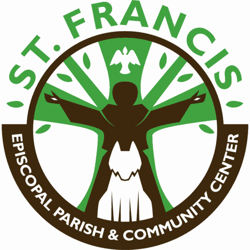 Logo of St. Francis Episcopal Parish & Community Center, featuring a person with outstretched arms, a dove, and tree imagery in green and brown.