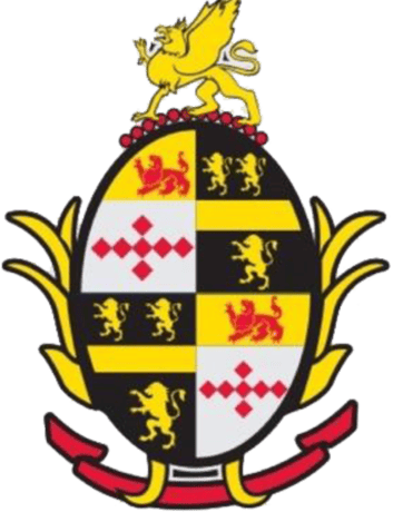 The image displays a heraldic coat of arms with a griffin atop, featuring lions, red diamonds, and yellow-black checkered panels.