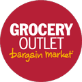 The image shows a circular logo of Grocery Outlet Bargain Market, featuring bold white text on a red background with yellow accents.