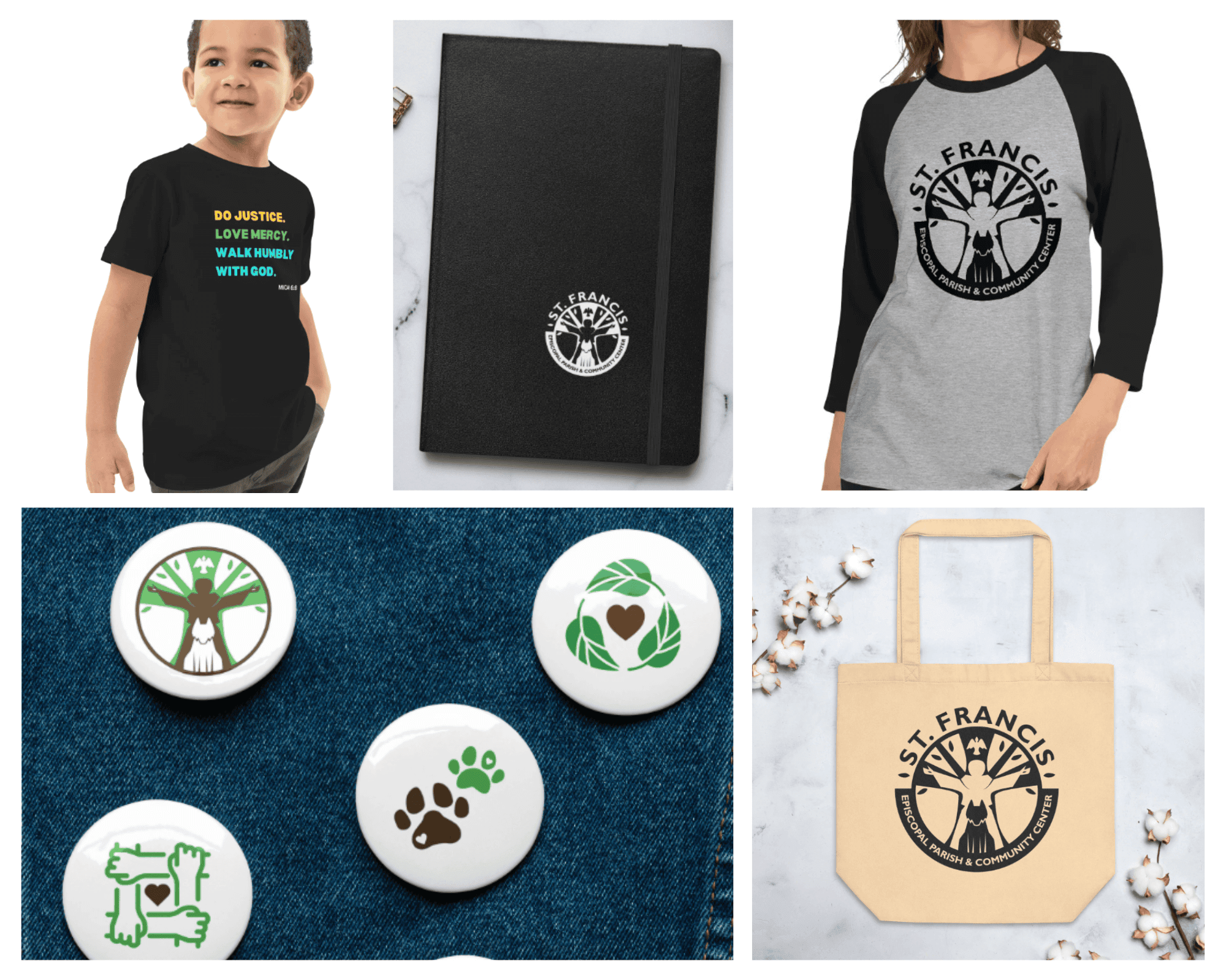 A child and a person model St. Francis-themed apparel. Notebook, tote bag, and button pins feature similar designs with a focus on nature and community.
