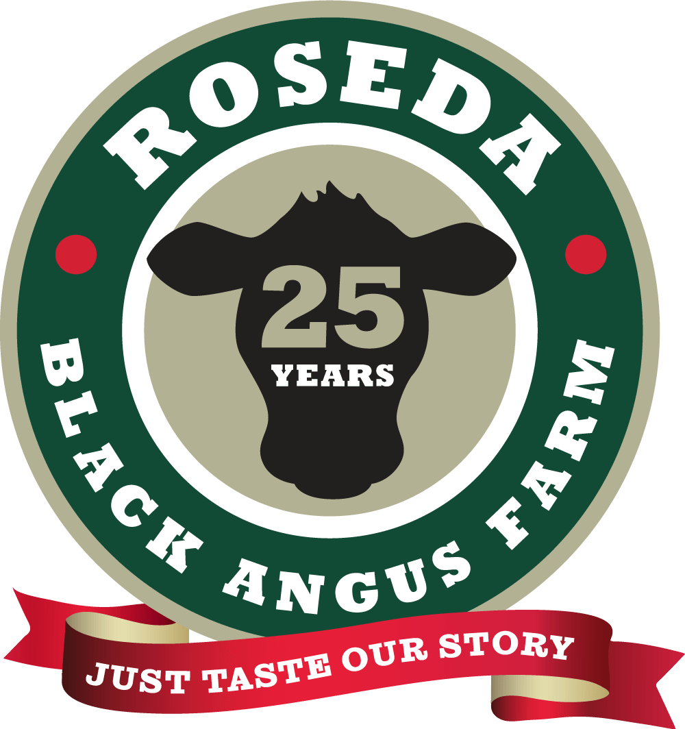 Roseda Black Angus Farm logo features a cow silhouette, celebrating 25 years, with a ribbon stating "Just Taste Our Story" in a circular design.