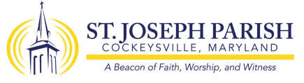 Logo of St. Joseph Parish in Cockeysville, Maryland, featuring a church steeple design with the tagline "A Beacon of Faith, Worship, and Witness."