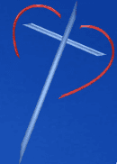 A plane skywrites a red heart enclosing a blue cross in a clear blue sky, combining elements of affection and faith.