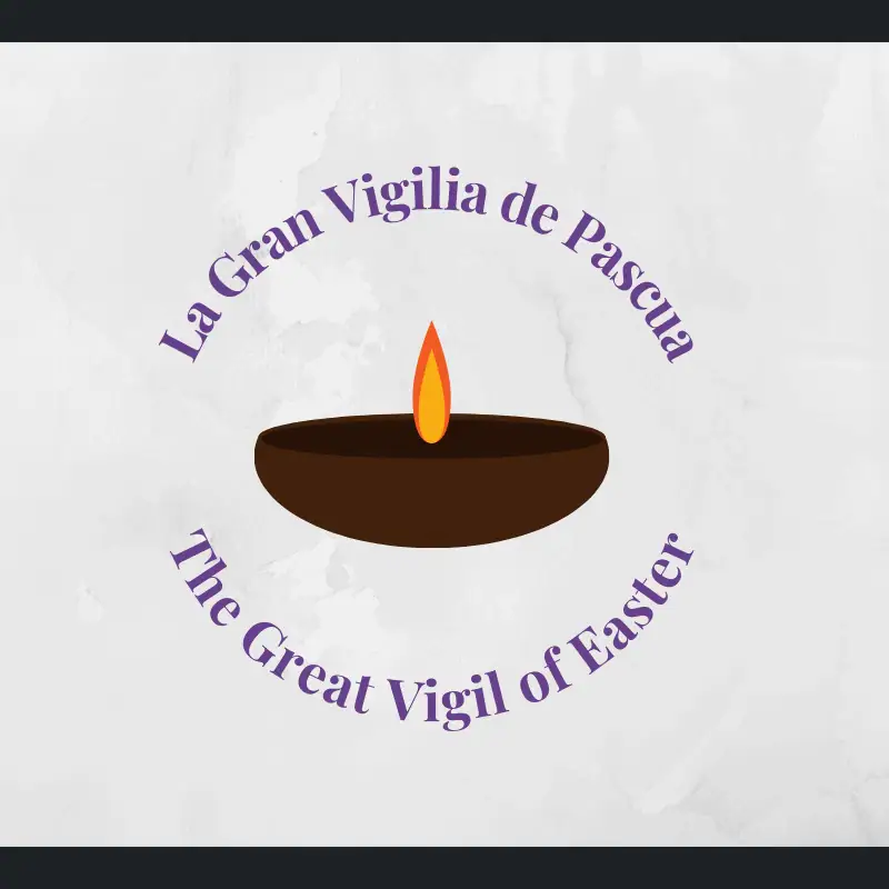 Easter Vigil candle with purple text in Spanish and English.