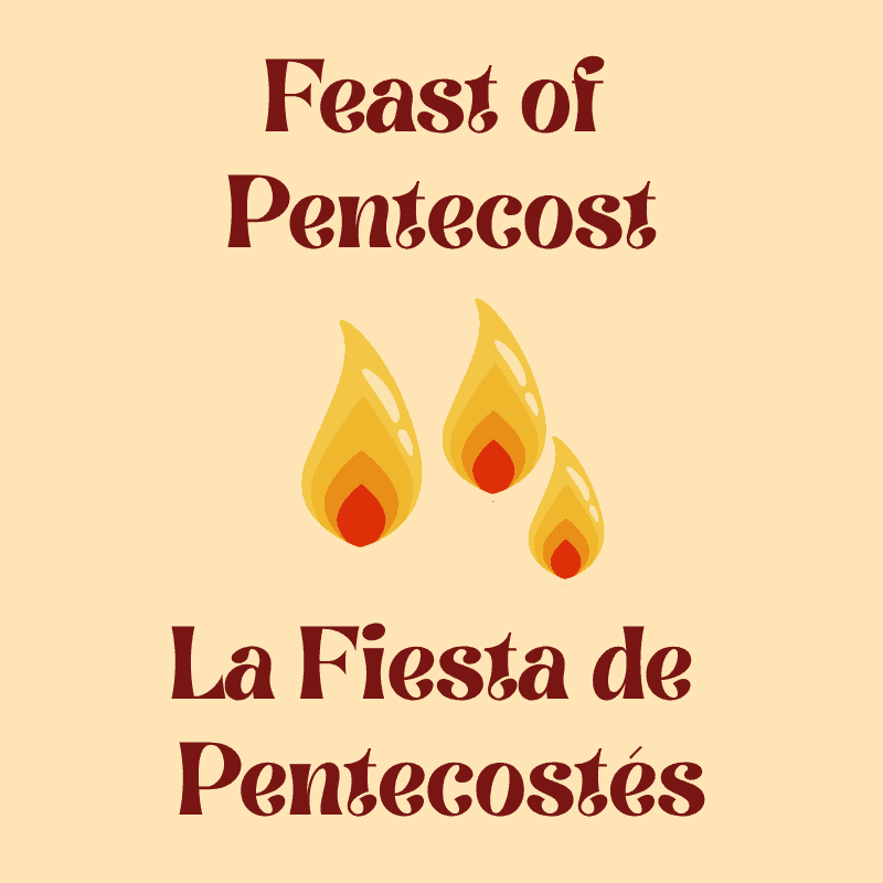 Feast of Pentecost celebration with flames illustration at St. Francis Episcopal Parish.