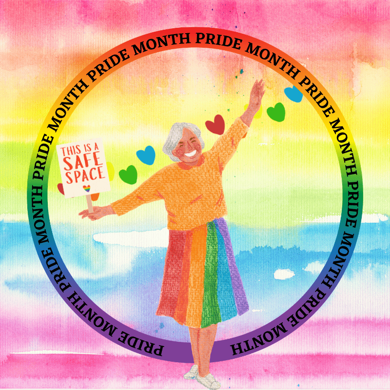 Rainbow-colored circular border with "PRIDE MONTH" text repeated around it, featuring a smiling elde.