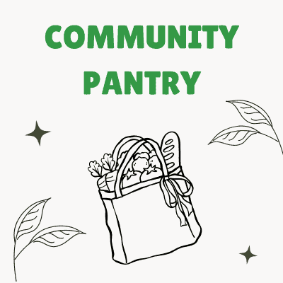 Square FM images for CV site (9) Community pantry with a bag of groceries and leafy decorations.