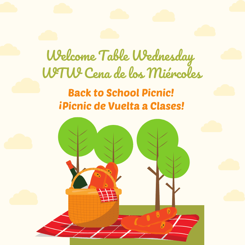 Back to School WTW Featured Image Back to School Picnic with trees, basket, and picnic blanket in a park setting.
